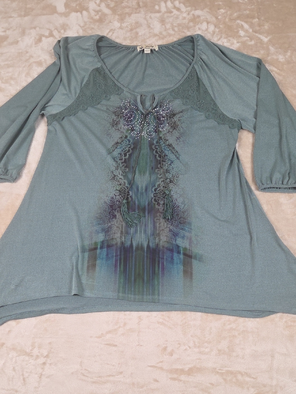 Unity World Wear Sage Green Lace-Trim Scoop Neck Tunic with Embellished Print